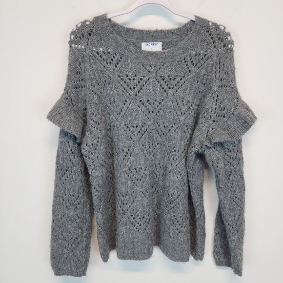 Old Navy Ruffle Sleeve Sweater Size XL Gray Pointelle Knit Round Neck Pullover - Picture 14 of 15